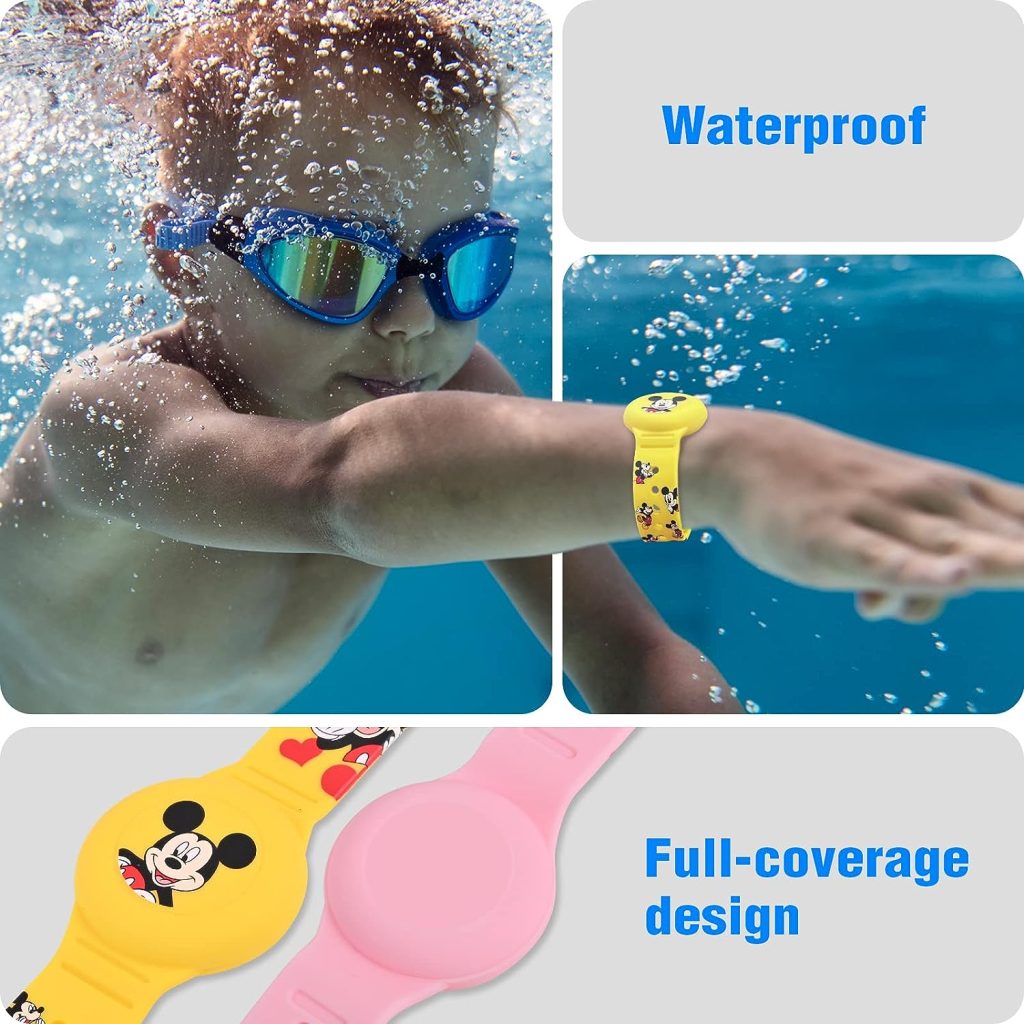 2 Pack AirTag Bracelet for Kids, Waterproof Cute Cartoon Air tag Holder with Watch Band Design, Full Coverage Anti-Lost Silicone Airtag Hidden Accessories for Child, Healthy Material Pink + Yellow