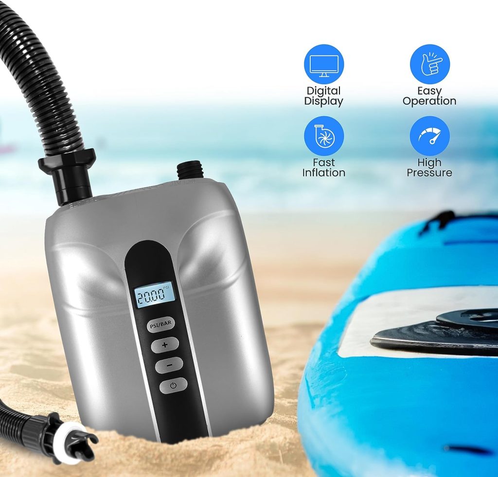 20PSI High Pressure SUP Electric Air Pump,Dual Stage Inflation Paddle Board Pump for Inflatable Stand Up Paddle Boards, Boats,Kayak,12V DC Car Connector by SereneLife
