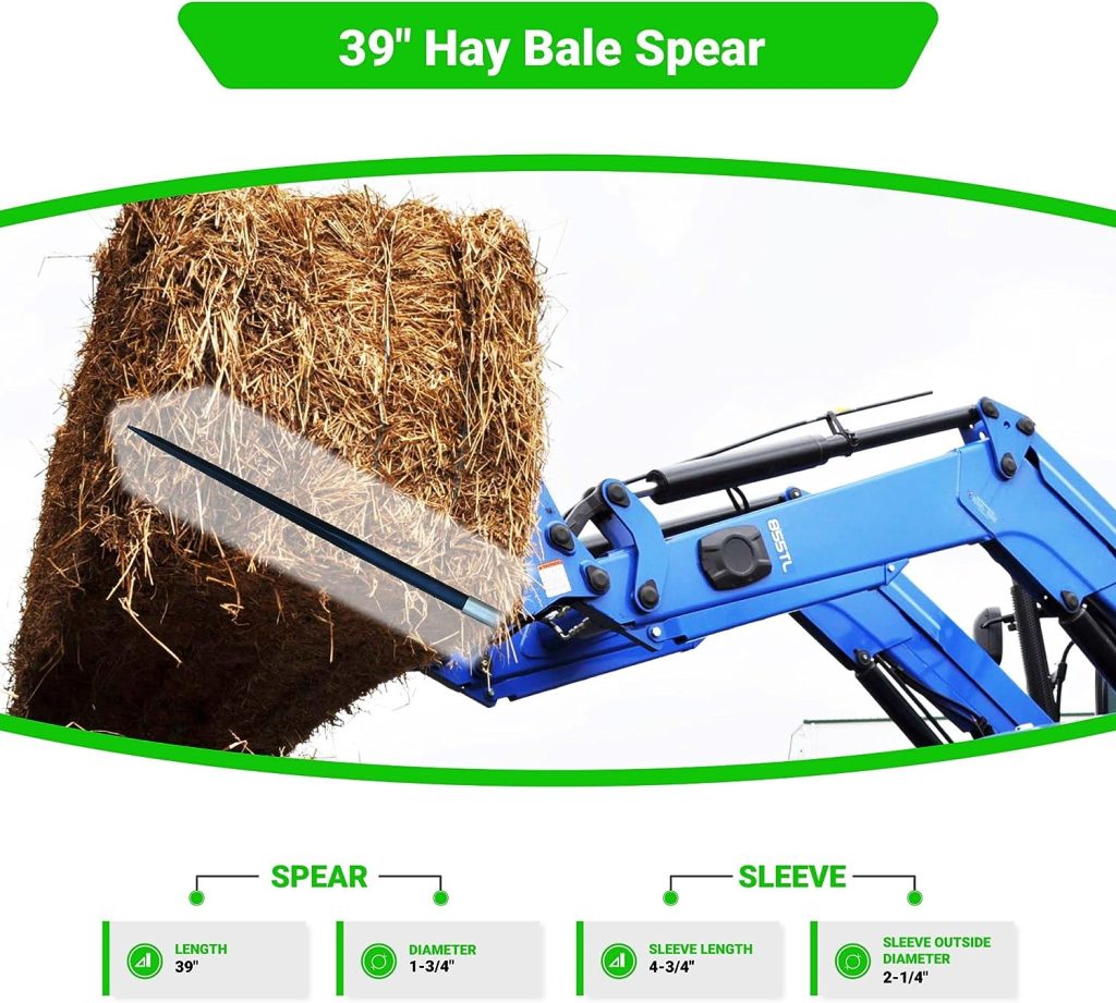 39 Hay Bale Spear 3000 LBs Capacity, C-2 Bale Spike Square Tapered Forged - 1 3/4 Conus 2, Bale Hay Spike with Hex Nut  Weld in Sleeve