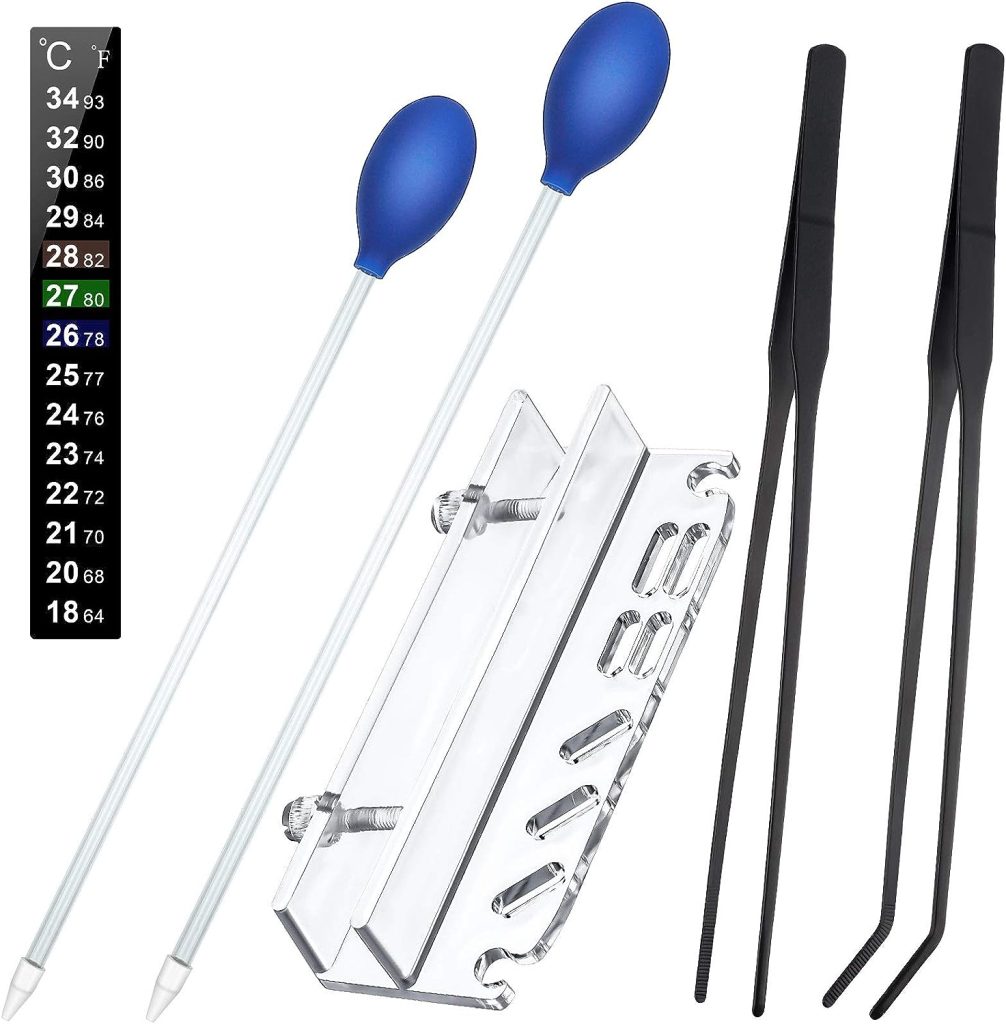 6 Pieces Coral Feeder Set 30 cm and 35 cm Long Acrylic Marine Fish Reef Feeding Tube and Stainless Steel Straight and Curved Tweezers with Tool Holder and Aquarium Thermometer Sticker for Aquarium Pet