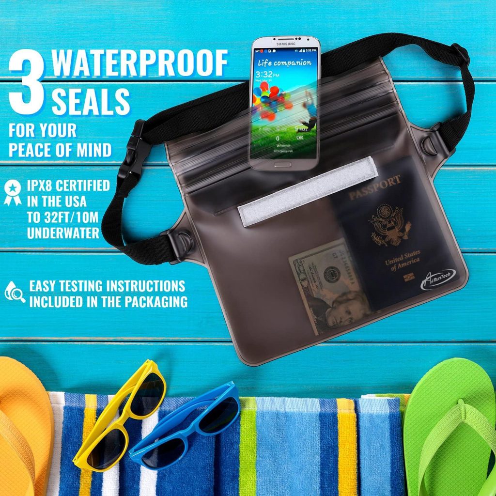 AiRunTech Waterproof Pouch with Waist Strap (2 Pack) | Beach Accessories Best Way to Keep Your Phone and Valuables Safe and Dry | Perfect for Boating Swimming Snorkeling Kayaking Beach Pool Water Park