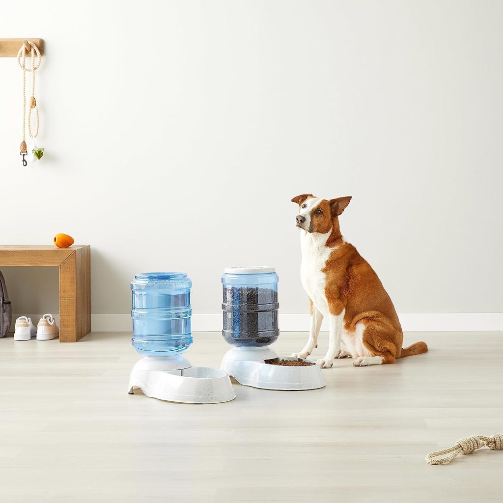 Amazon Basics Automatic Dog Cat Water Dispenser Gravity Feeder and Waterer Set, Large, 12-Pound Food Capacity, 2.5-Gallon Capacity, Gray