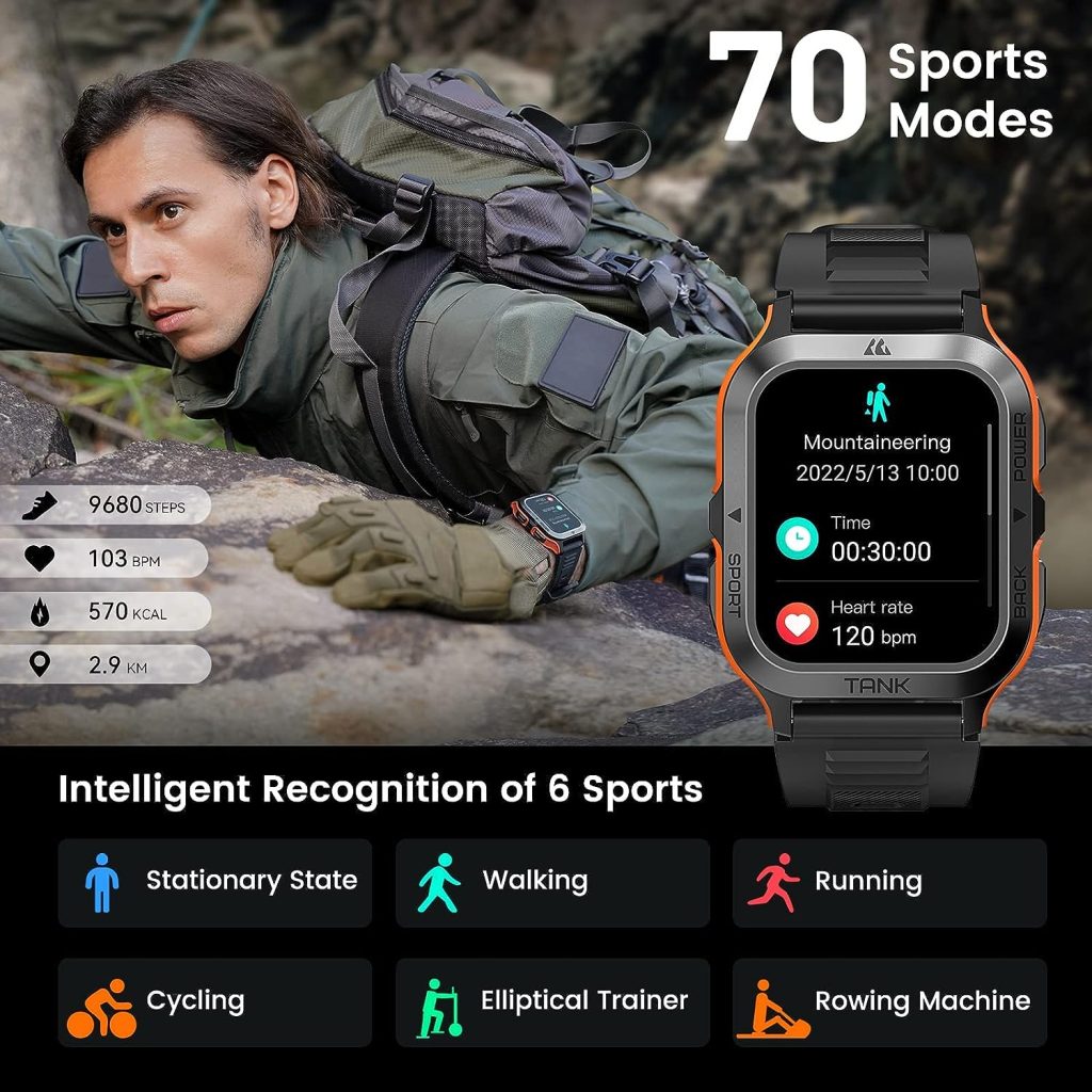 AMAZTIM Smart Watch for Men,60days Extra-Long Battery Life(Call Receive/Dial), 50M Waterproof,Rugged Military Fitness Watch for iPhone Android,70 Sports,1.85 Heart Rate Sleep/Blood Pressure Watch