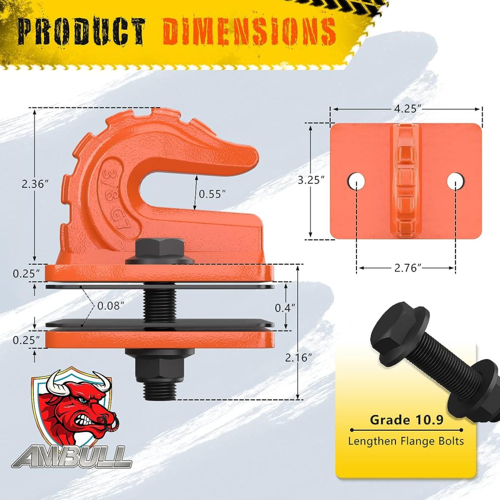 AMBULL Upgrade 2 Pack 3/8 Tractor Bucket Grab Hook Grade 70 Forged Steel Bolt On Grab Hook Tow Hook Mount with Backer Plate,Work Well for Tractor Bucket, RV, UTV,Truck, Max 15,000 lbs, Orange