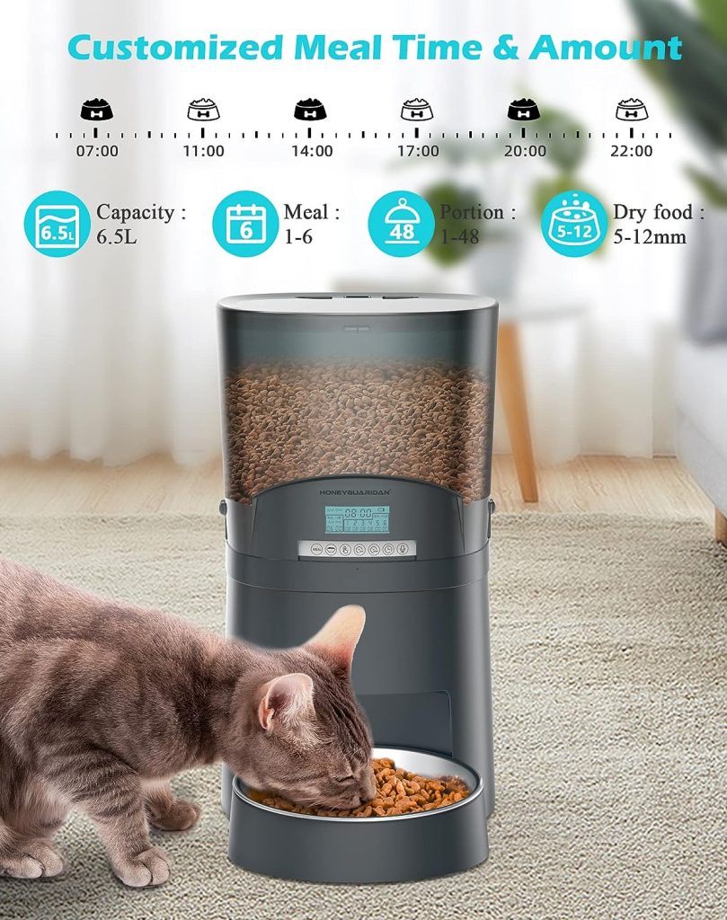 Automatic Cat Feeder, HoneyGuaridan 6.5L Pet Feeder for Cats and Dogs Dry Food Dispenser with Desiccant Bag, Stainless Steel Bowl, 6 Meals Portion Control, Dual Power Supply 10s Voice Recorder