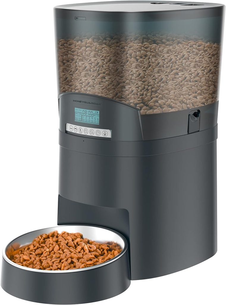 Automatic Cat Feeder, HoneyGuaridan 6.5L Pet Feeder for Cats and Dogs Dry Food Dispenser with Desiccant Bag, Stainless Steel Bowl, 6 Meals Portion Control, Dual Power Supply 10s Voice Recorder