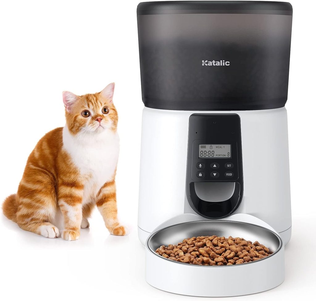 Automatic Cat Feeders, Katalic Clog-Free 4L Cat Food Dispenser with Sliding Lock Lid Storage Pet Timed Feeder for Cat and Dogs with Voice Recorder, Programmable Meal  Portion Automatic Feeder