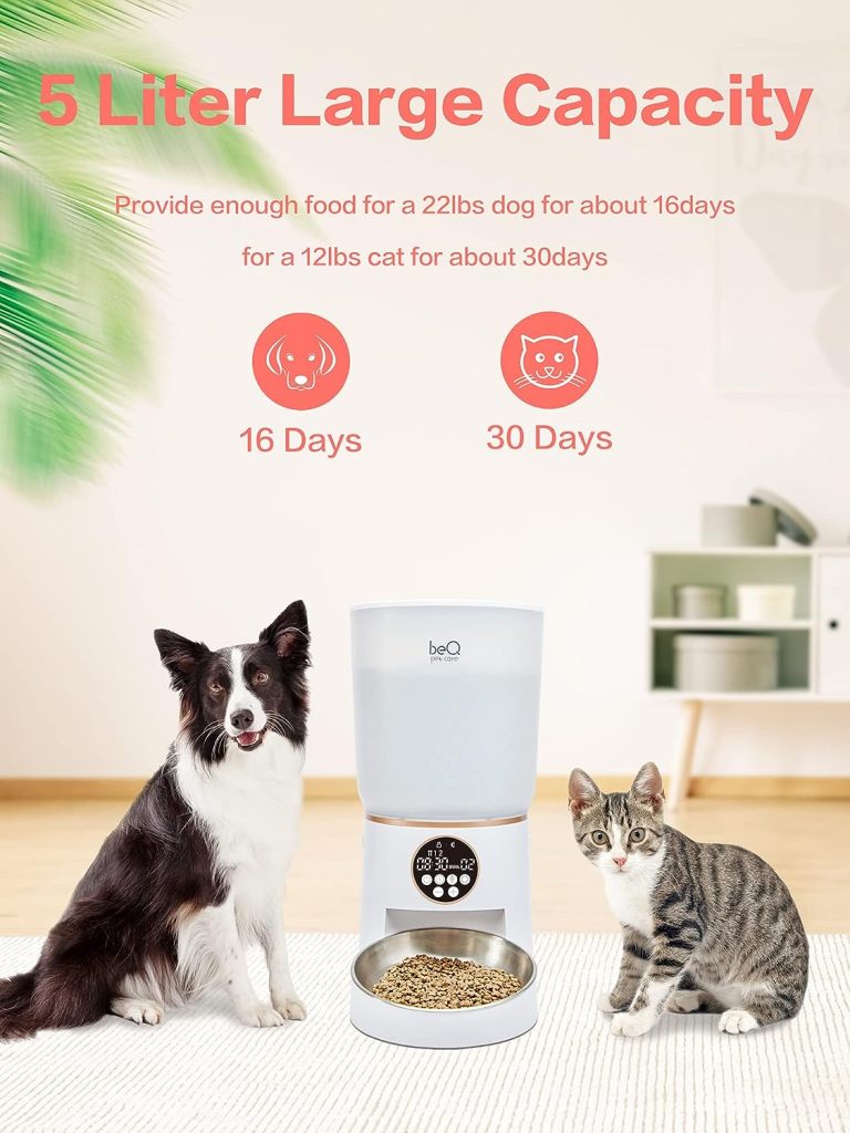 beQ 5L Automatic Cat Feeder, Timed Dog Feeder for Dry Pet Food with Stainless Steel Bowl, Twist Lock Sealed Lid and Desiccant Dag, 1-6 Meals Per Day, 20-Second Voice Recording, for Cats or Dogs.