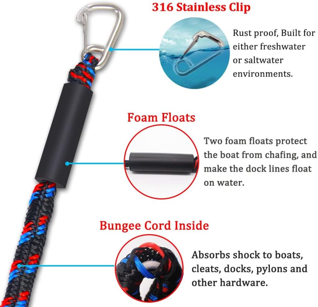 Botepon Marine Bungee Dock Lines, Boat Dock Rope, Jet Ski Accessories with Stainless Clip for for Jet Ski, SeaDoo, Yamaha WaveRunner, Kayak, Pontoon Boat, Dinghy (4 Feet)