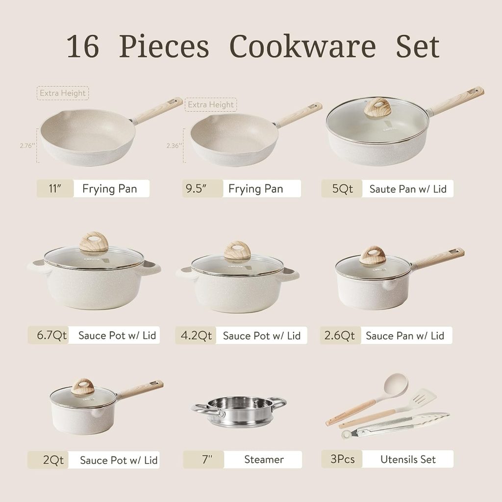 CAROTE 16pcs Pots and Pans Set, Nonstick Cookware Sets, Kitchen Induction Pots and Pans Cooking Sets, Pan Sets for Cooking, Cooking Utensils Set