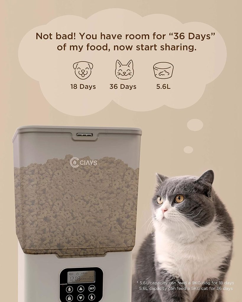 Ciays Automatic Cat Feeders, 5.6L Cat Food Dispenser Up to 20 Portions Control 4 Meals Per Day, Pet Dry Food Dispenser for Small Medium Cats Dogs, Dual Power Supply  Voice Recorder, White (PAF-A06)