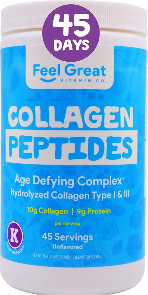 Collagen Peptides Powder (45 Day) by Feel Great Vitamin Co. | Unflavored  Mixes Easily in Coffee | Hydrolyzed Collagen Powder | Promotes Healthy Skin