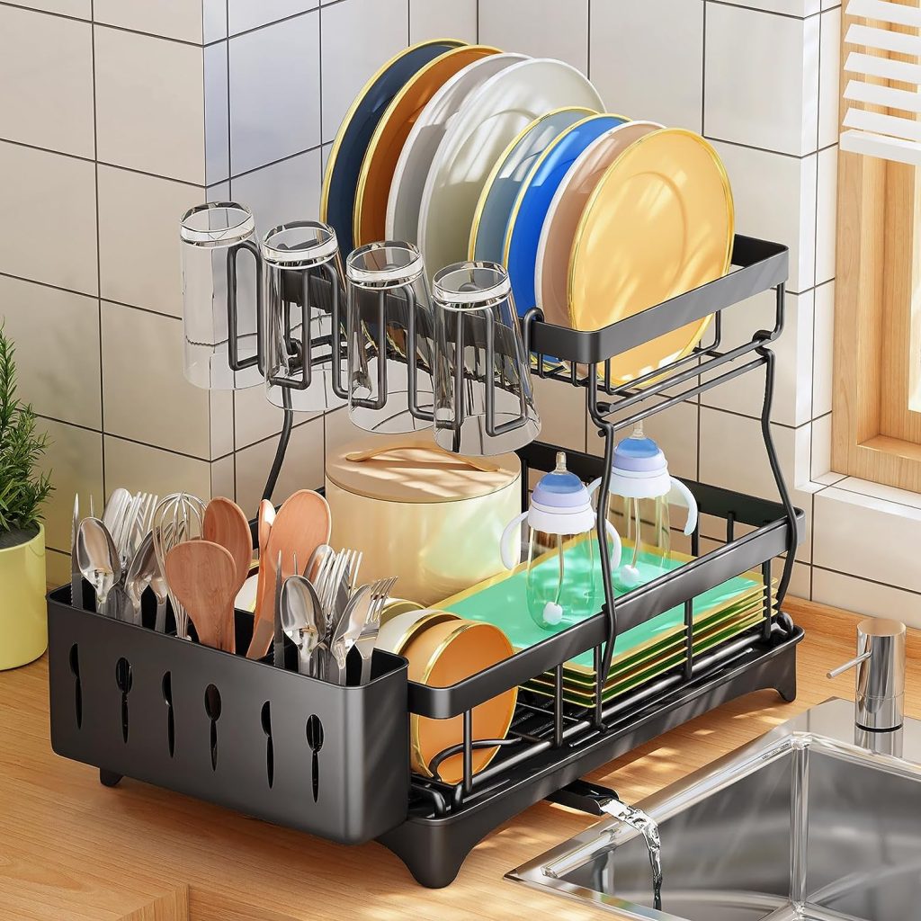 Dish Drying Rack - 2 Tier Dish Rack and Drainboard for Apartment Kitchen Counter, Large Capacity Dish Drainer Organizer Kitchen Rack with Utensil Holder and Cup Rack, Black Dish Drying Rack