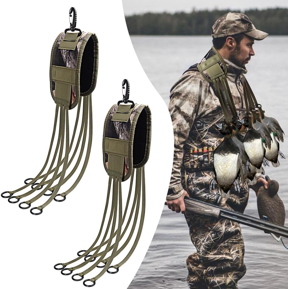 Duck Carrier, 2Pcs Game Carrier Strap Waterfowl Hunting Accessories Bird Tote Goose Duck Decoy Bag Hanger Holder Hunting Gear Carrying Lanyard Neck Style with 8 Drops Slip Ring, Portable Durable-Green