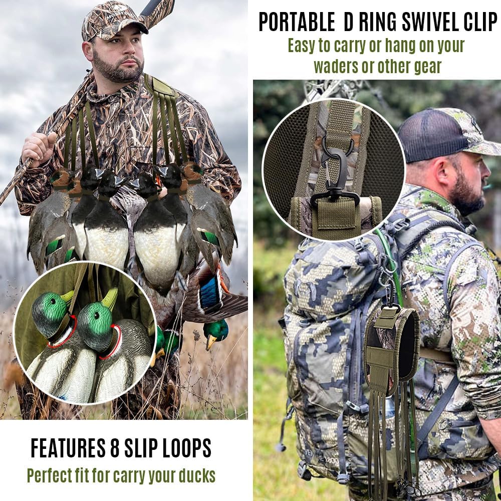Duck Carrier, 2Pcs Game Carrier Strap Waterfowl Hunting Accessories Bird Tote Goose Duck Decoy Bag Hanger Holder Hunting Gear Carrying Lanyard Neck Style with 8 Drops Slip Ring, Portable Durable-Green