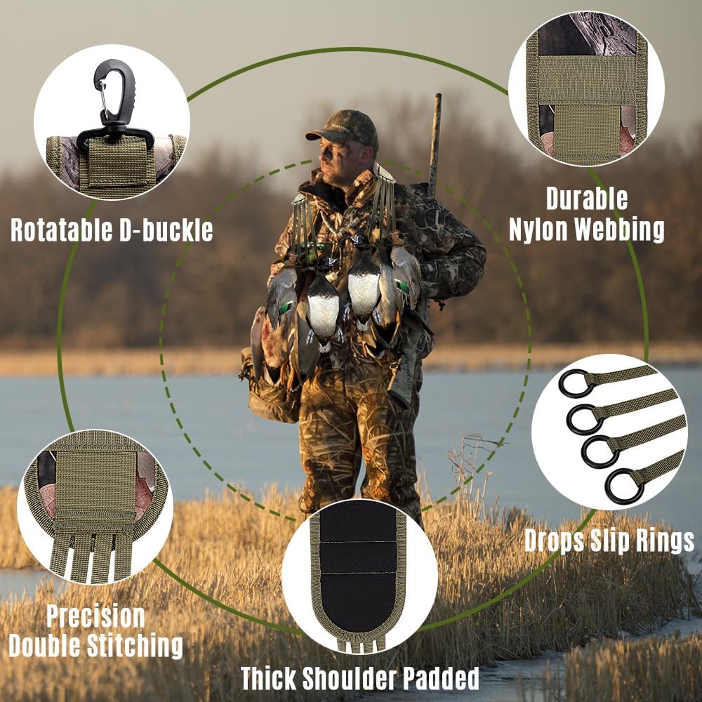 Duck Carrier, Game Carrier Strap Waterfowl Hunting Accessories Bird Tote Goose Duck Decoy Bag Hanger Holder Hunting Gear Carrying Lanyard Neck Style with 8 Drops Slip Ring, Portable Durable-Green