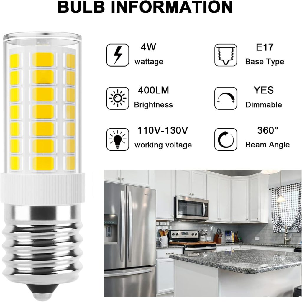 E17 LED Bulb Dimmable, Microwave Light Bulbs Under Hood, 40W Incandescent Replacement, 4000K Natural White, 120V 4W 400LM Appliance Bulbs for Stove Top, Refrigerator, Range Hood, 2 Pack