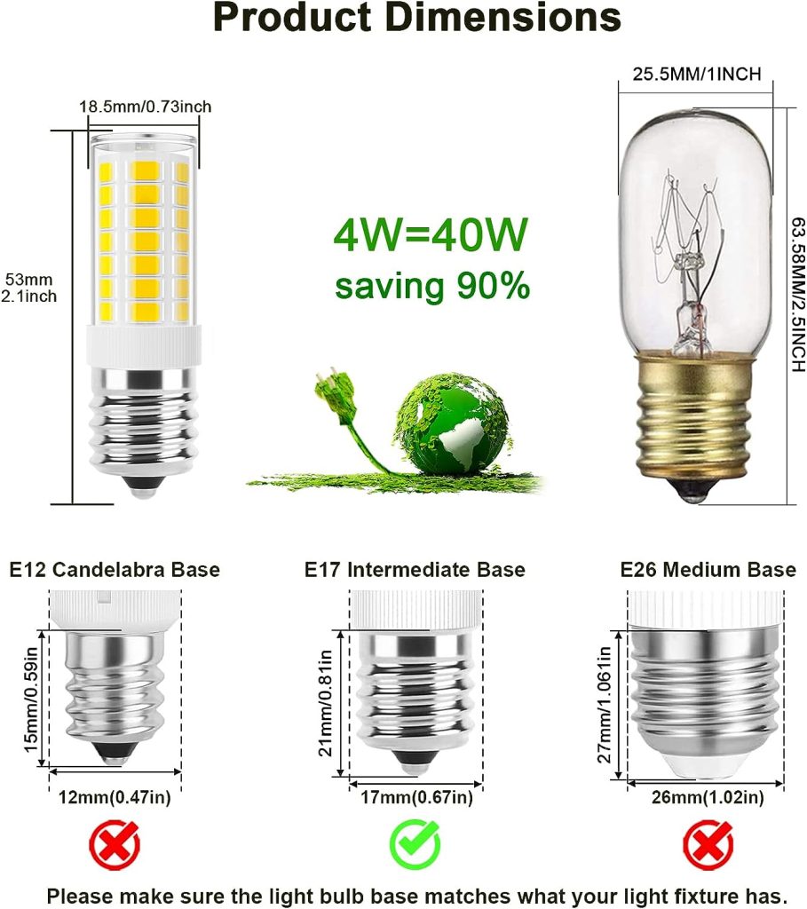 E17 LED Bulb Dimmable, Microwave Light Bulbs Under Hood, 40W Incandescent Replacement, 4000K Natural White, 120V 4W 400LM Appliance Bulbs for Stove Top, Refrigerator, Range Hood, 2 Pack