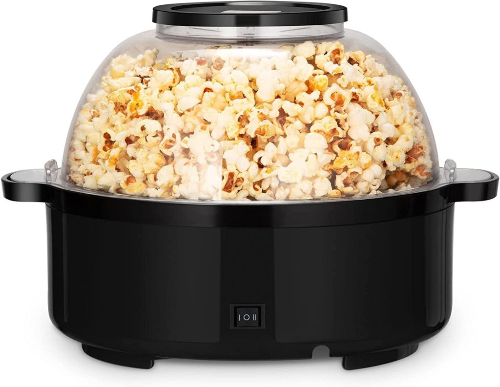 Electric Hot Oil Popcorn Machine, 2-in-1 Automatic Stirring Hot Oil Popcorn Popper Maker  Grill Machine, Large Lid for Serving Bowl, 2 Measuring Spoons, 16 Cups for Home Party Kids Movie Night