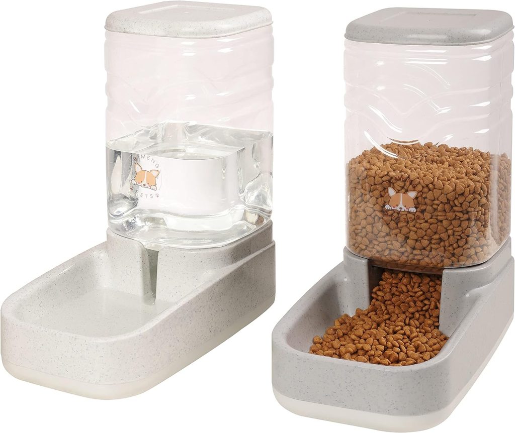 ELEVON Automatic Dog Cat Gravity Food and Water Dispenser Set with Pet Food Bowl for Small Large Pets Puppy Kitten Rabbit Large Capacity(WhiteGray)
