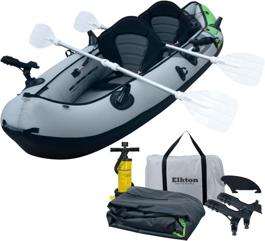 Elkton Outdoors Cormorant 2 Person Tandem Inflatable Fishing Kayak, 10-Foot with EVA Padded Seats, Includes 2 Active Fishing Rod Holder Mounts, 2 Aluminum Paddles, Double Action Pump and More