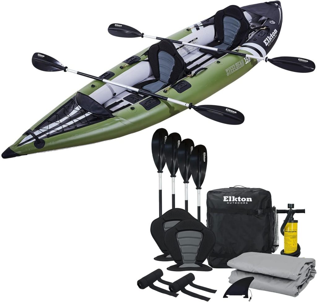 Elkton Outdoors Steelhead Inflatable Fishing Kayak - Angler Blow Up Kayak, Includes Paddle, Seat, Hard Mounting Points, Bungee Storage, Rigid Dropstitch Floor and Spray Guard