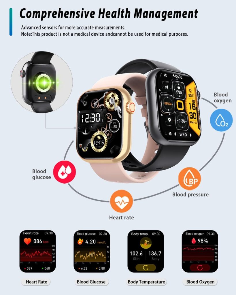 FILIEKEU 𝑩𝒍𝒐𝒐𝒅 𝑺𝒖𝒈𝒂𝒓 Smart Watch Men Women Bluetooch Call Fitness Tracker Waterproof with Blood Glucose Oxygen Pressure Smartwatch for Android iPhone Gold Pink