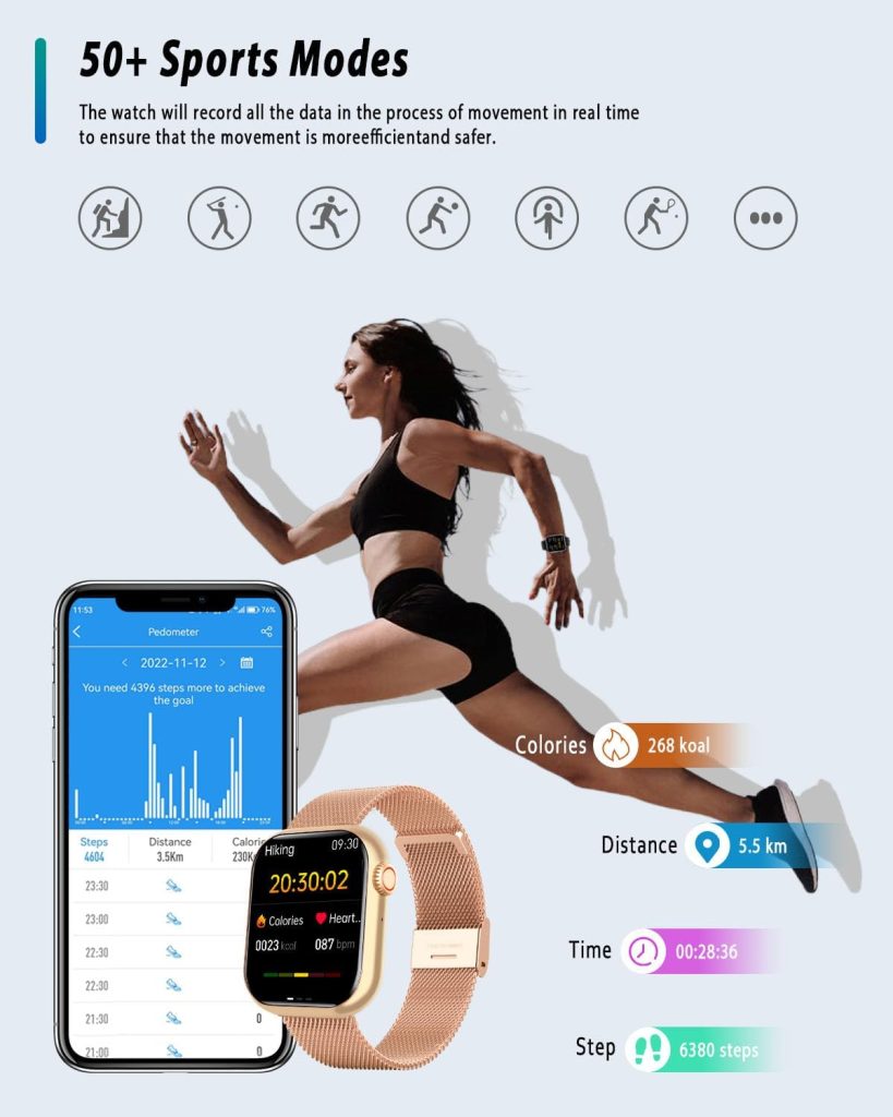 FILIEKEU 𝑩𝒍𝒐𝒐𝒅 𝑺𝒖𝒈𝒂𝒓 Smart Watch Men Women Bluetooch Call Fitness Tracker Waterproof with Blood Glucose Oxygen Pressure Smartwatch for Android iPhone Gold Pink