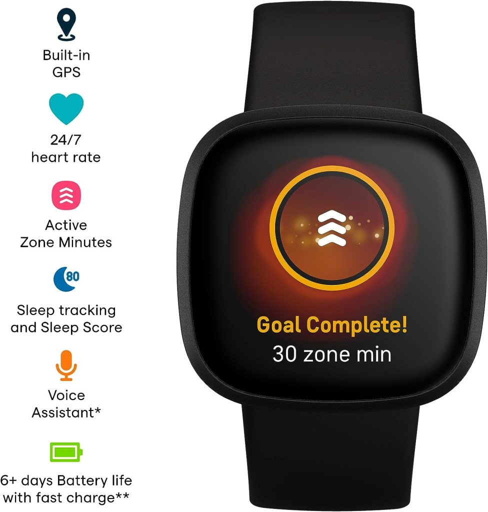 Fitbit Versa 3 Health  Fitness Smartwatch with GPS, 24/7 Heart Rate, Alexa Built-in, 6+ Days Battery, Black/Black, One Size (S  L Bands Included)