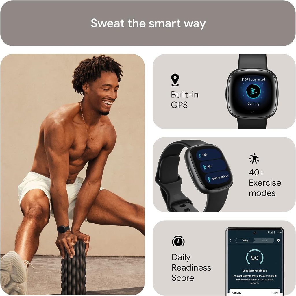 Fitbit Versa 4 Fitness Smartwatch with Daily Readiness, GPS, 24/7 Heart Rate, 40+ Exercise Modes, Sleep Tracking and more, Black/Graphite, One Size (S  L Bands Included)
