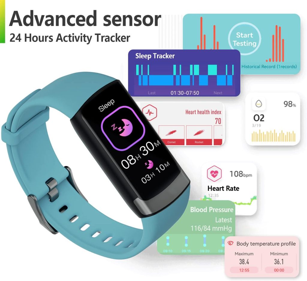 Fitness Tracker, Activity Tracker with Heart Rate and Blood Pressure Monitor, Blood Oxygen Sleep Tracker, Fitness Watch with Body Temperature Monitor, Calories Step Counter SmartWatch for Women Men