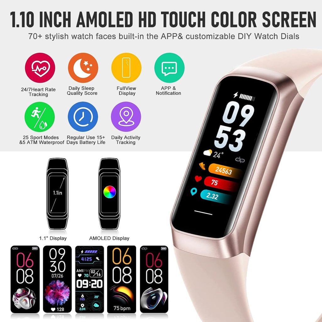 Fitness Tracker,1.10AMOLED Touch Color Screen Waterproof Step Tracker for Android iPhones, Activity Tracker with Step Counter/Calories/Stopwatch, Pedometer Watch for Women Men Kids