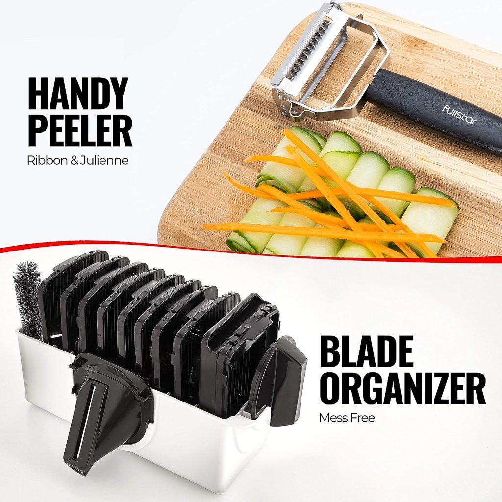 Fullstar 11 in 1 Mandoline Slicer, Vegetable Slicer  Cheese Grater | Kitchen Gadgets with Peeler, Spiralizer, Juicer, Egg Slicer  Julienne Cutter (+Safety Glove  Cleaning Brush)