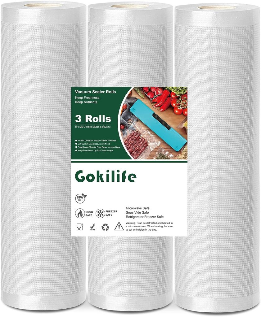 Gokilife Vacuum Seal Bags for Food Saver, 8 x 20 3 Pack Food Saver Vacuum Sealer Bags Rolls, Commercial Grade Vacuum Seal Freezer Bags Rolls for Sous Vide Cooking, Storage, Meal Prep