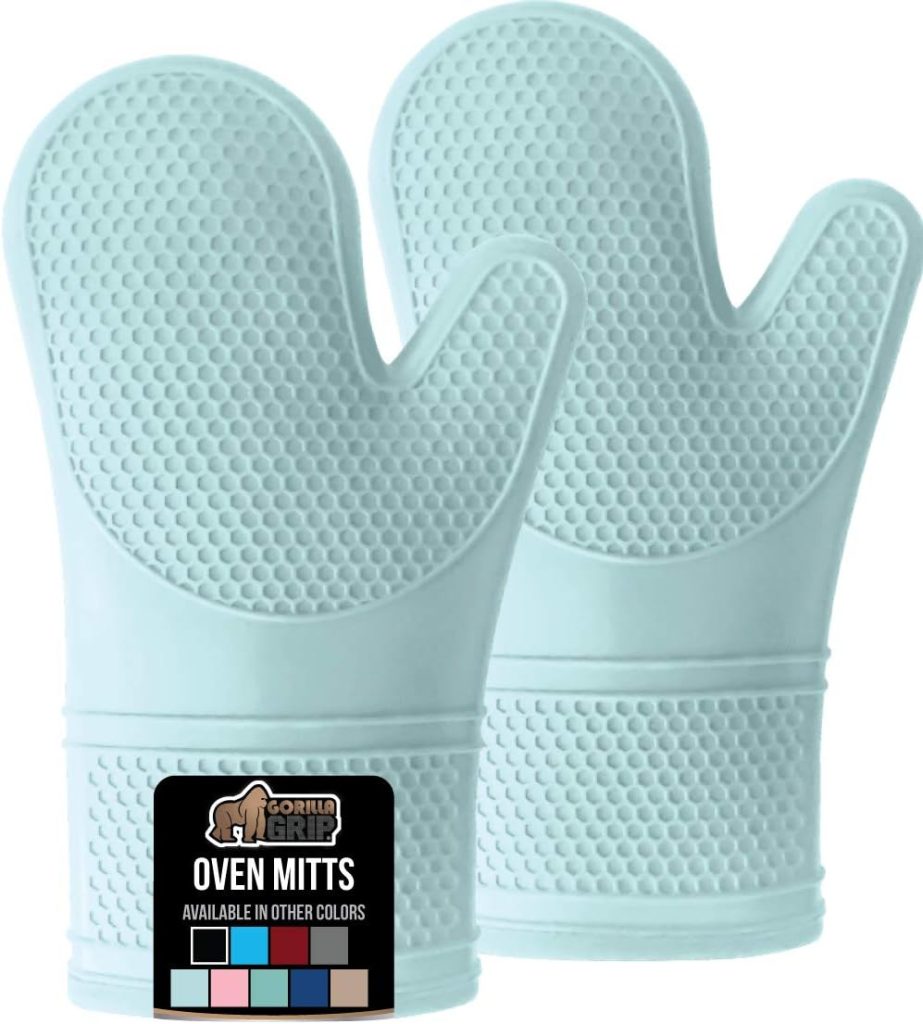 Gorilla Grip Heat and Slip Resistant Silicone Oven Mitts Set, Soft Cotton Lining, Waterproof, BPA-Free, Long Flexible Thick Gloves for Cooking, BBQ, Kitchen Mitt Potholders, 12.5 in, Mint