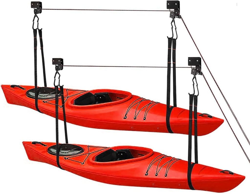 GREAT WORKING TOOLS Kayak Hoist - 2-Pack Kayak Storage Pulley System for Garage, 125 Pound Capacity Ceiling Mount Hoists for Kayak, Bicycle, Paddleboard, Canoe - Heavy Duty Kayak Accessories