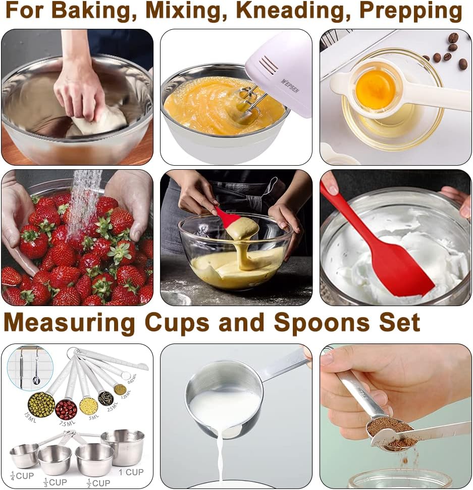 Hand Mixer Electric Mixing Bowls Set, 5 Speeds Handheld Mixer with 5 Nesting Stainless Steel Mixing Bowl, Measuring Cups and Spoons 200 Watt Kitchen Blender Whisk Beater Baking Supplies For Beginner