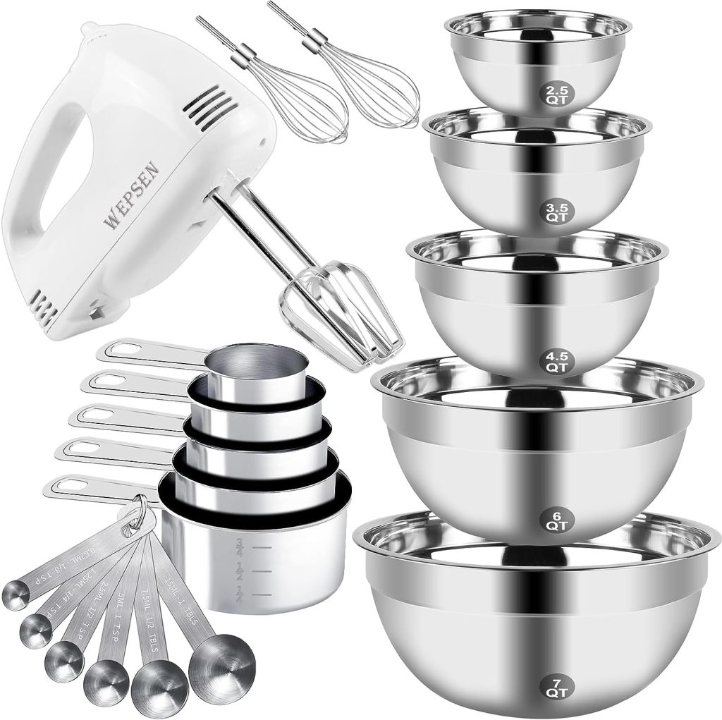 Hand Mixer Electric Mixing Bowls Set, 5 Speeds Handheld Mixer with 5 Nesting Stainless Steel Mixing Bowl, Measuring Cups and Spoons 200 Watt Kitchen Blender Whisk Beater Baking Supplies For Beginner