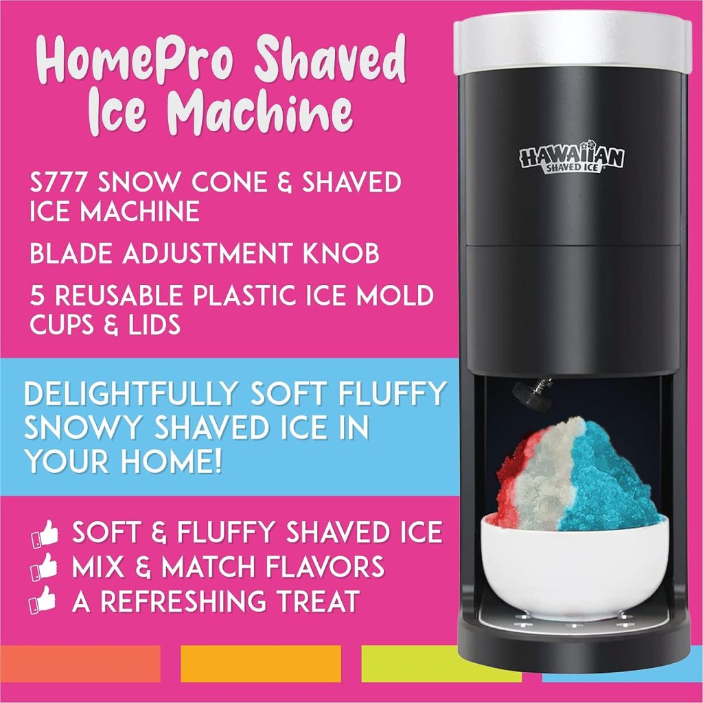 Hawaiian Shaved Ice S777 Snow Cone and Shaved Ice Machine with Blade Adjustment Knob and 5 Reusable Plastic Ice Mold Cups. Great for Granitas, Seltzers, Italian Soda and More 120V, Matte Black