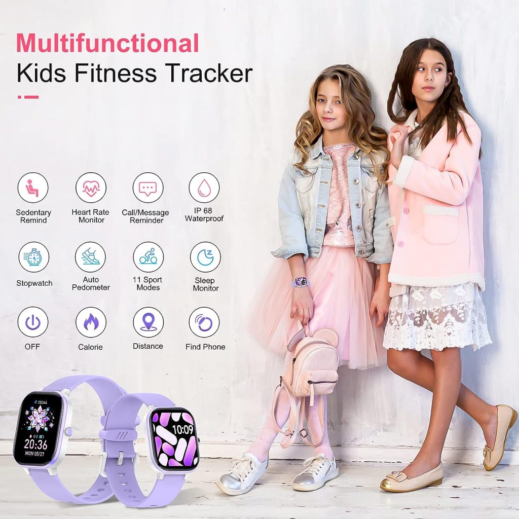 HENGTO Fitness Tracker Watch for Kids, IP68 Waterproof Kids Smart Watch with 1.4 DIY Watch Face 19 Sport Modes, Pedometers, Heart Rate, Sleep Monitor, Great Gift for Boys Girls Teens 6-16 (Purple)