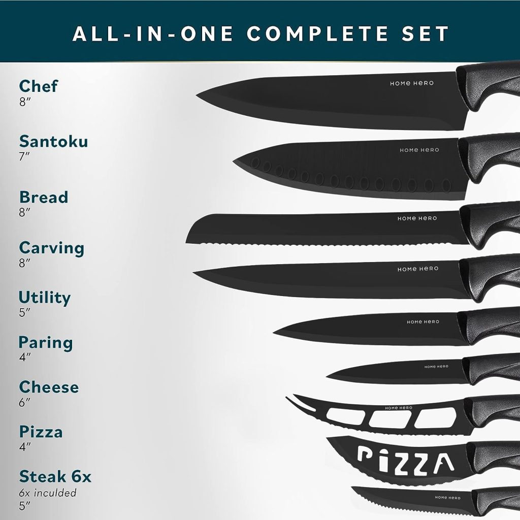Home Hero Kitchen Knife Set, Steak Knife Set  Kitchen Utility Knives - Ultra-Sharp High Carbon Stainless Steel Knives with Ergonomic Handles (20 Pc Set, Black)