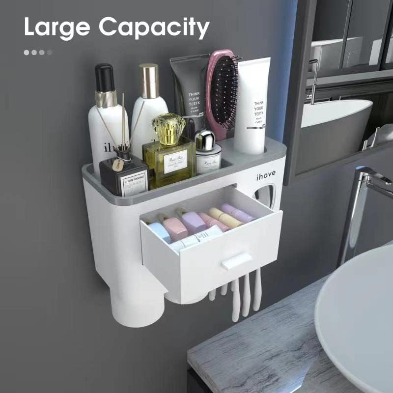iHave Toothbrush Holders for Bathrooms, 2 Cups Toothbrush Holder Wall Mounted with Toothpaste Dispenser - Large Capacity Tray, Cosmetic Drawer - Bathroom Decor  Bathroom Accessories