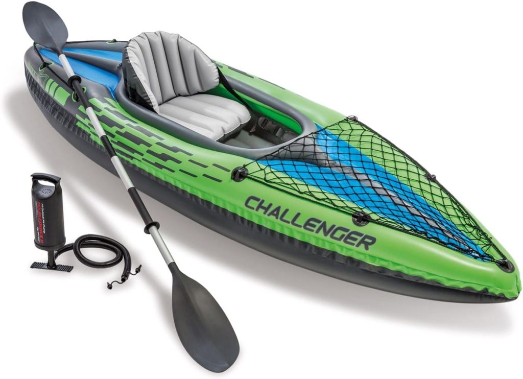 INTEX Challenger Inflatable Kayak Series: Includes Deluxe 86in Aluminum Oar and High-Output Pump – SuperStrong PVC – Adjustable Seat with Backrest – Removable Skeg – Cargo Storage Net