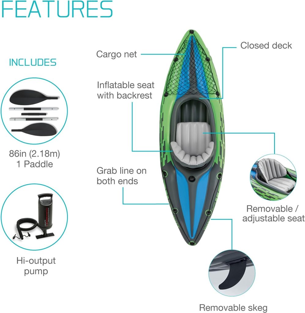 INTEX Challenger Inflatable Kayak Series: Includes Deluxe 86in Aluminum Oar and High-Output Pump – SuperStrong PVC – Adjustable Seat with Backrest – Removable Skeg – Cargo Storage Net