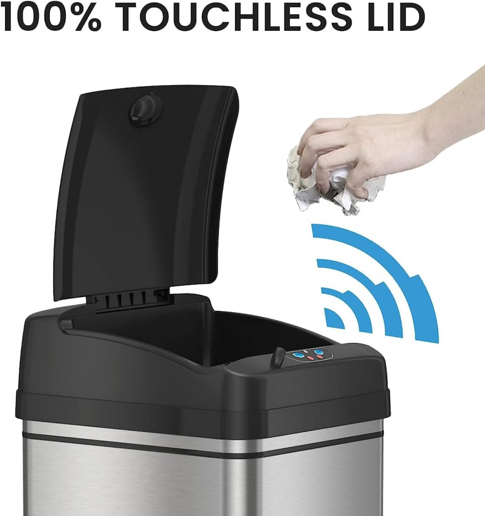iTouchless New Model 13 Gallon Sensor Trash Can with Advance AbsorbX Odor Filter  Pet-Proof Lid Lock, Stainless Steel Kitchen Garbage Bin for Home, Office, Business, Battery  AC Adapter Not Included