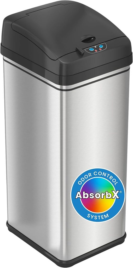 iTouchless New Model 13 Gallon Sensor Trash Can with Advance AbsorbX Odor Filter  Pet-Proof Lid Lock, Stainless Steel Kitchen Garbage Bin for Home, Office, Business, Battery  AC Adapter Not Included