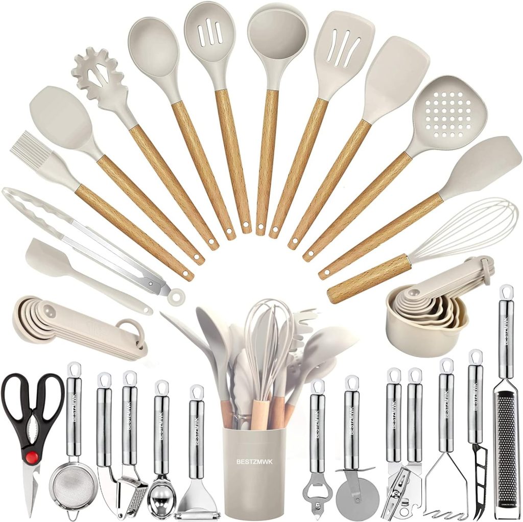 Kitchen Utensils Set- 35 PCs Cooking Utensils with Grater,Tongs, Spoon Spatula Turner Made of Heat Resistant Food Grade Silicone and Wooden Handles Kitchen Gadgets Tools Set for Nonstick Cookware