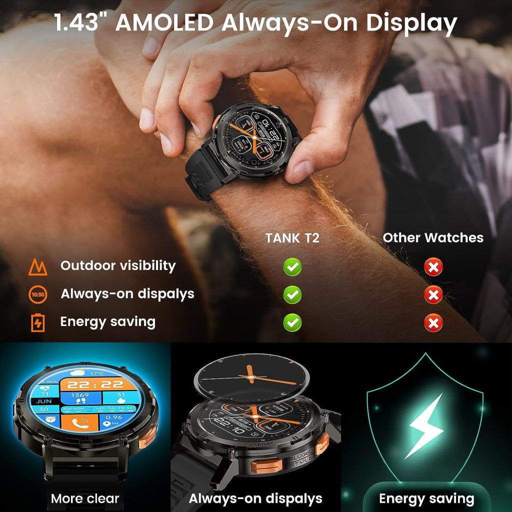 KOSPET Smart Watch AMOLED Display 50 Days Ultra-Long Battery Life (Call Receive/Dial) 70 Sports Modes 5ATM/IP69K Waterproof Rugged smartwatches for Android iPhone