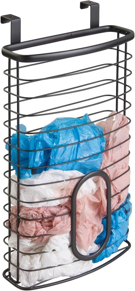 mDesign Steel Hanging Cabinet Storage Organizer Holder for Kitchen, Pantry - Holds Plastic, Sandwich, Garbage, Grocery and Trash Bags; Wrap, Foil, Pack - Spira Collection - Black
