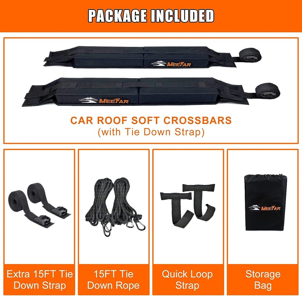 MeeFar Universal Car Soft Roof Rack Pads Luggage Carrier System for Kayak Surfboard SUP Canoe Include 2 Heavy Duty Tie Down Straps, 2 Tie Down Rope, 2 Quick Loop Strap and Storage Bag